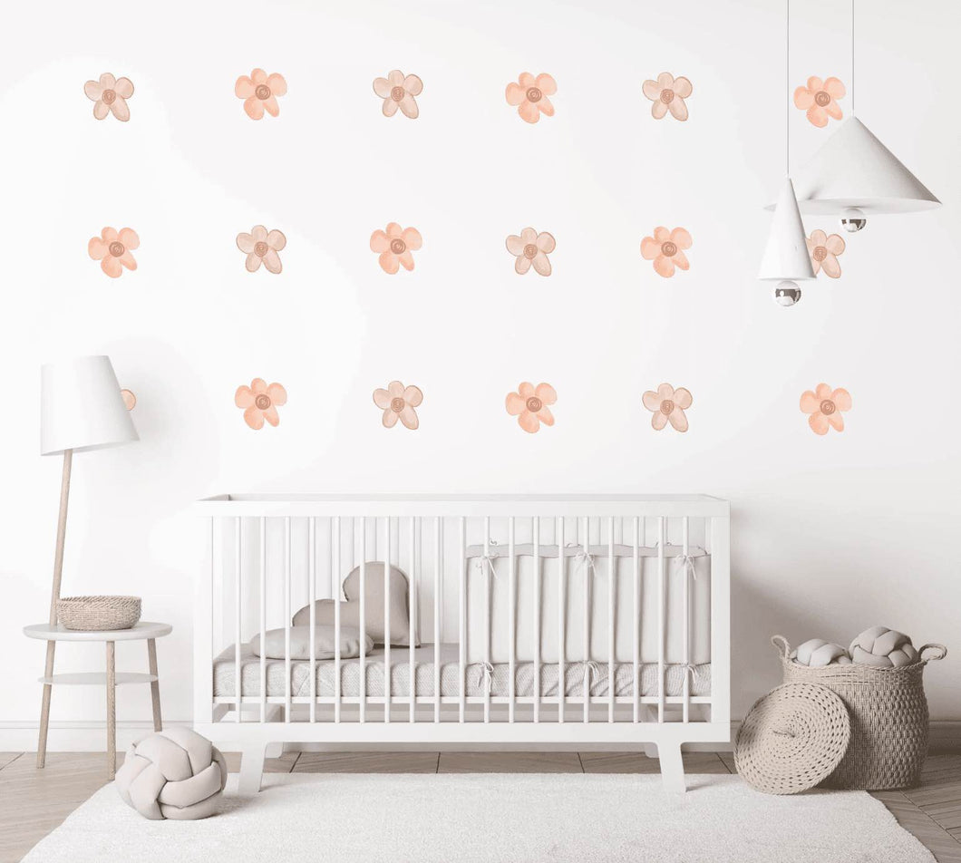 Montagem com os autocolantes decorativos de flores. Fazem este efeito de papel parede e em minutos.